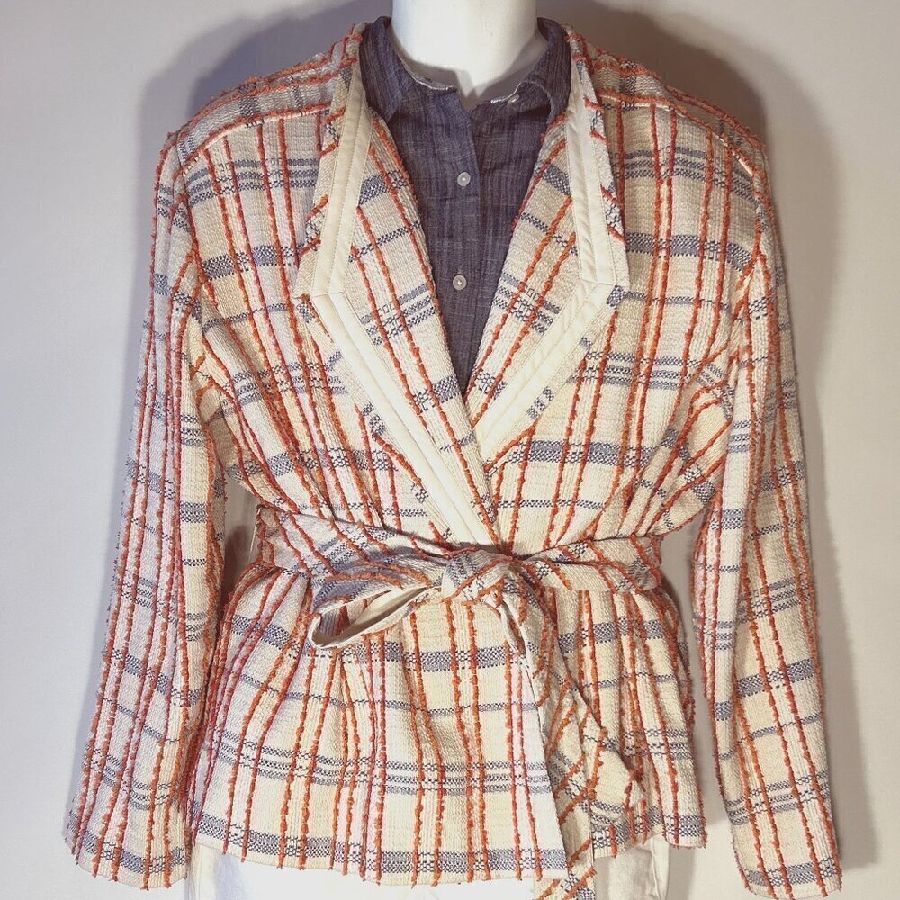 Chico's 3/XL Orange & Blue Plaid Tweed Wrap Jacket Office Cottage Preppy Ranch